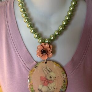 Floral Bunny Pendant Necklace - Green and Pink Gypsy South Vintage